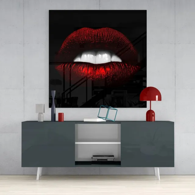 Insigne Art Glasschilderij Vierkant – Rode Lippen Kunst – Moderne Sensuele Wanddecoratie – Zwart & Rood - 80x80 cm