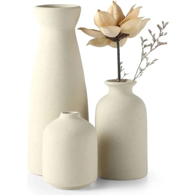Noventra Keramische Vazenset - Set van 3 - Beige Vazen - Moderne Woondecoratie - Japandi - Scandinavisch Design - Minimalistische Decoratie - Geschikt voor Droogbloemen en Verse Bloemen wit/creme