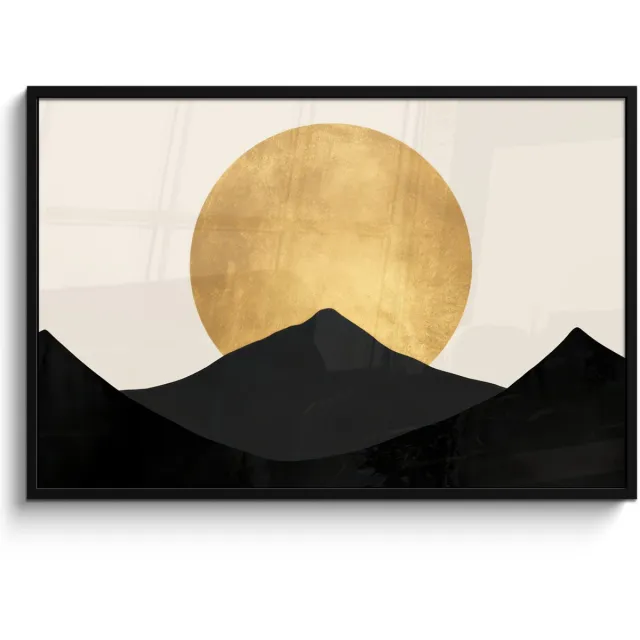 FrameYourWall Poster in lijst - Fotolijst 120x80 cm - Posters - Bergsilhouetten - Gouden cirkel - Beige - Posterlijst zwart - Decoratie - Wanddecoratie woonkamer - Muurdecoratie slaapkamer Bergsilhouetten - Cirkel