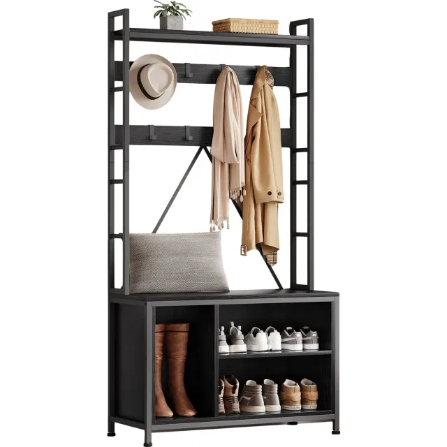 Happiq Hall Tree Entreebank - Voor Hal en Slaapkamer - Industrieel / Met Kapstok en 8 Haken - Met Wandplank en Schoenenopslag - Zwart Black