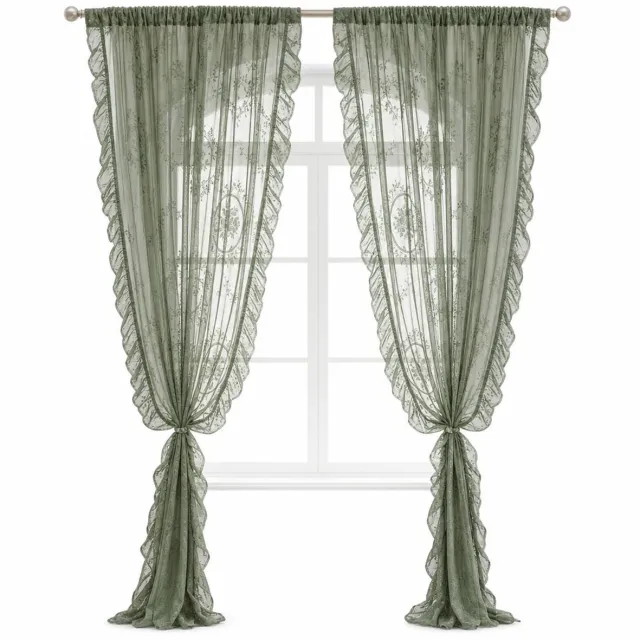 VHV Gordijnen - Vintage kanten gordijnen - bloemenruches voor raamdecoratie - Voor woonkamer en slaapkamer Groen