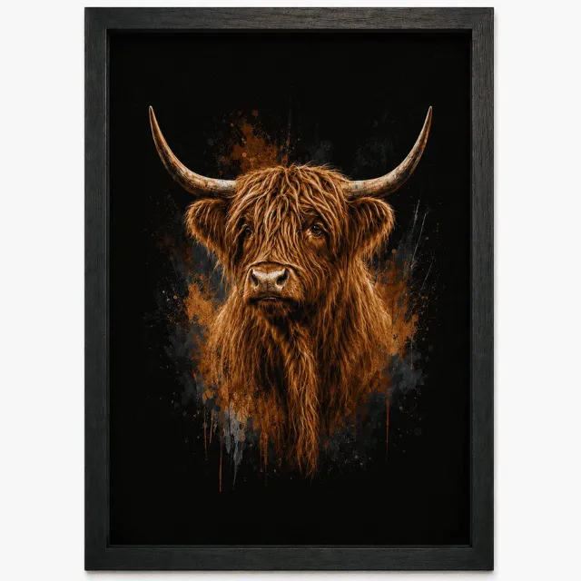 Joshimo Schotse Hooglander Poster Kleurrijk | Dierenposter in Moderne Art Style | Wanddecoratie met Zwarte A4 Lijst