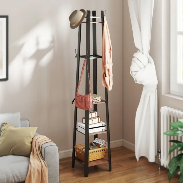 MIVRAY Kledingrek – 4 Niveaus Met 8 Haken – 34,8 x 34,8 x 179 cm – Metaal En Spaanplaat – Bruin – Vrijstaand Industrieel Zwart