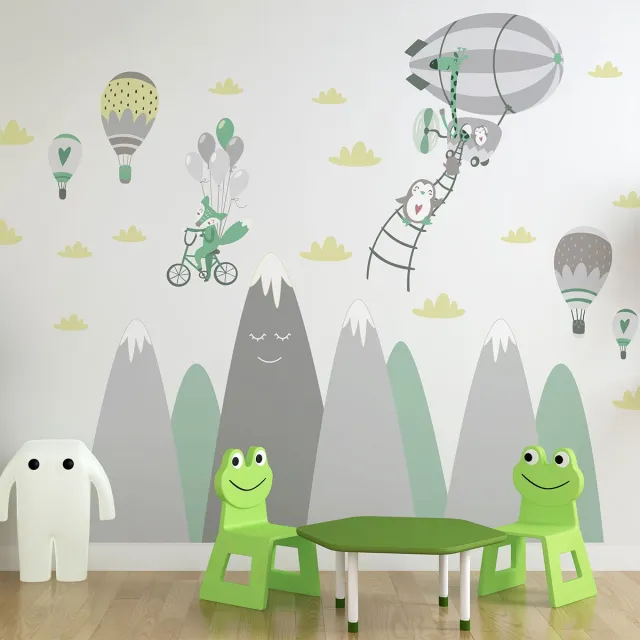 Ambiance Sticker Scandinavische bergstickers met dieren en acrobaten, 110 x 165 cm Multi color