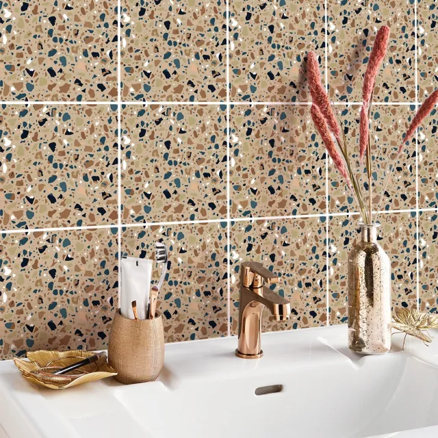 Ambiance Sticker Muurstickers - Zelfklevende tegelmuurstickers voor keuken en badkamer - 9 MIMO Terrazzo tegelstickers - 9 stickers 15x15cm Multi color