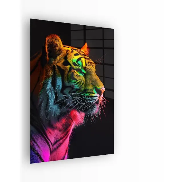 Indoorart Glasschilderij Tijger Regenboog Zijkant 40x60 CM - Afbeelding op plexiglas - Inclusief montagemateriaal zwart, wit, oranje, roze, groen, blauw