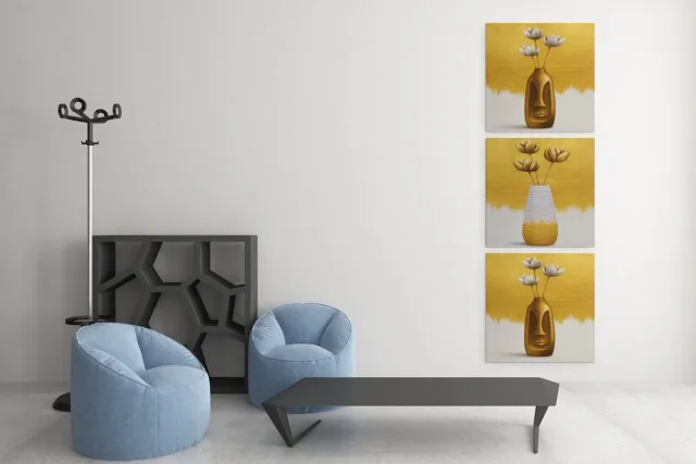 Trendex Global Drieluik Canvas Schilderij Modern Goud – Vaas en Bloem Collectie - 3x100x100 cm