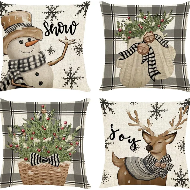 Flintry 4 stuks kerstkussenhoezen 45x45 cm - kerstkussenhoezen in de vorm van een sneeuwpop en rendier - kussenhoezen voor de wintervakantie - kerstdecoraties voor thuis, binnen en op de bank