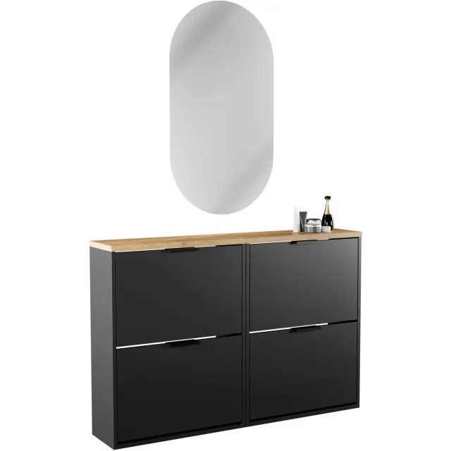 Planetmöbel STIVIO - Schoenenkastset 60 cm - Zwart - 3-delig - 2x 2 kleppen met LED-spiegel 2 kleppen, Zwart