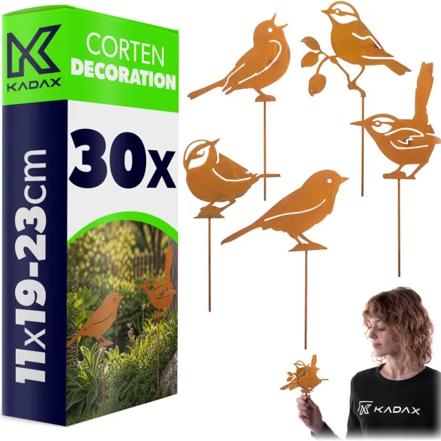 KADAX tuinplug vogels van cortenstaal, set van 30, metalen tuindecoratie in roestlook, roestplug voor tuin, roestvrijstalen tuindecoratie om in te pluggen, bloemenplug Roestbruin