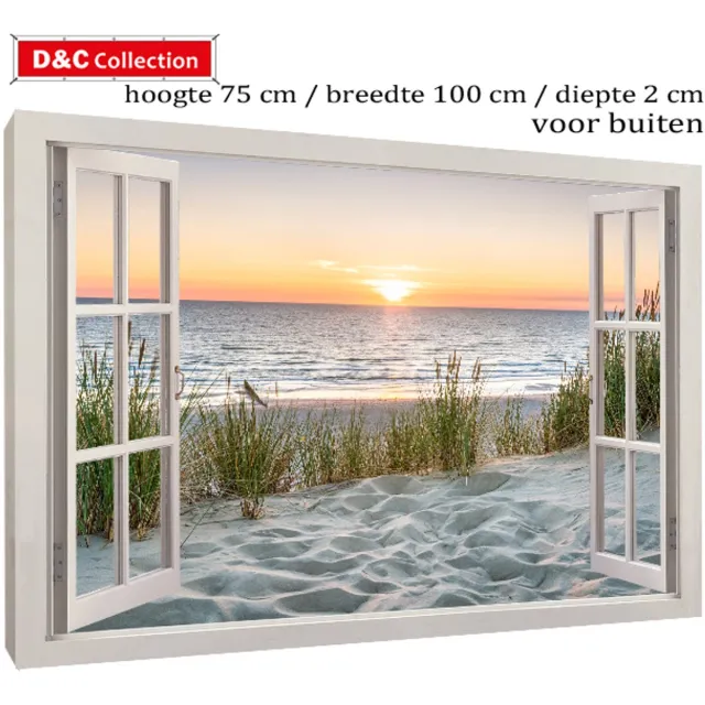 D&C Collection Tuincanvas tuinposter doorkijk - 75x100x2 cm - doorkijk - wit venster - duinen en zee - zonsondergang - tuindoek op houten frame gespannen - tuinposter voor buiten bruin, groen, blauw