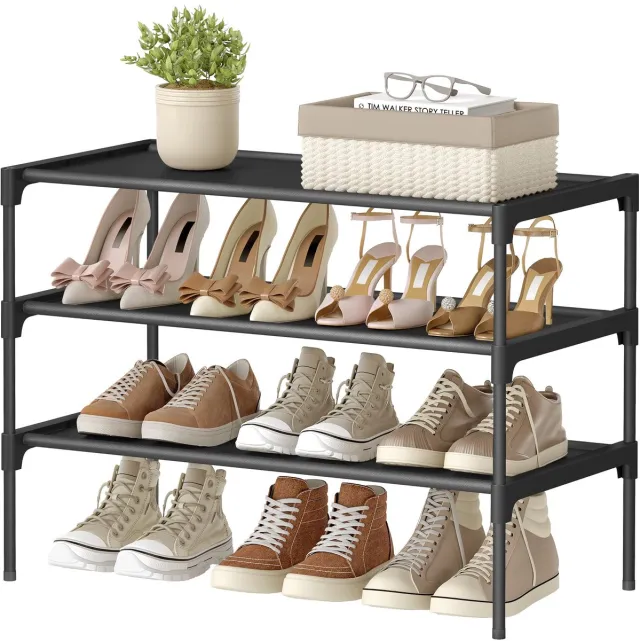 Famanu 3-laags schoenenrek, ruimtebesparend, metalen frame, 29,7 x 62,3 x 53,5 cm, ideaal voor het organiseren van schoenen Zwart