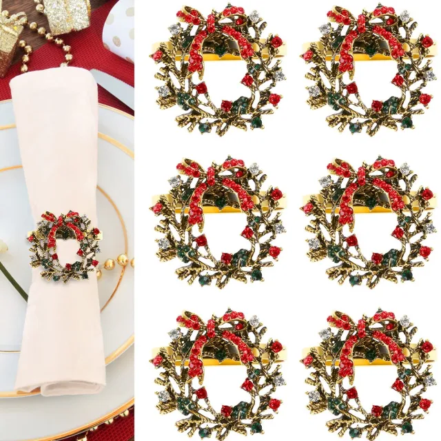 Famanu Set van 6 servetringen in de vorm van kerstkransen, vintage servethouders voor tafeldecoratie en kerstdecoratie Zwart
