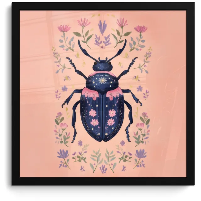 FrameYourWall Poster in lijst - Fotolijst 40x40 cm - Posters - Kever - Donkerblauw - Bloemen - Sierlijk - Posterlijst zwart - Decoratie - Wanddecoratie woonkamer - Muurdecoratie slaapkamer Bloemen - Kever