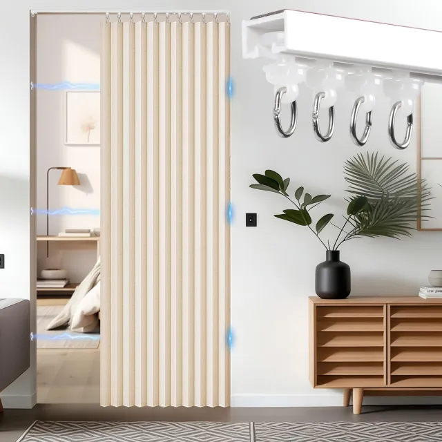 Famanu Magnetisch deurgordijn met stang 140 x 200 cm, opvouwbaar en verduisterend, zonder boren, voor slaapkamer en woonkamer, biedt privacy en geluidsisolatie Beige