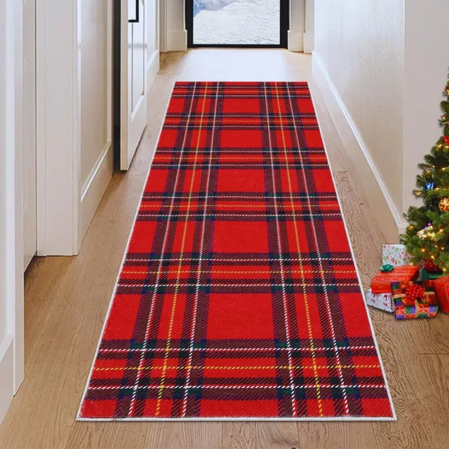 PEAM Kerst Hal Tapijtloper Antislip Wasbaar Met Eland - Kerstman & Sneeuwvlok – Welkom Deurmat Voor Ingang - Keuken En Wasruimte – Wintervakantie Decoratie 60 x 180 Cm Red