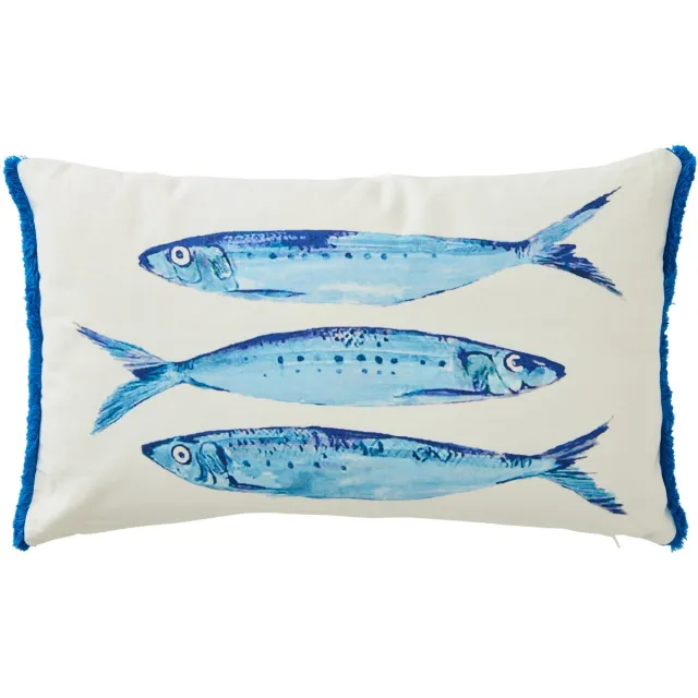 J-Line kussen Sardienen - katoen - wit/blauw Multi