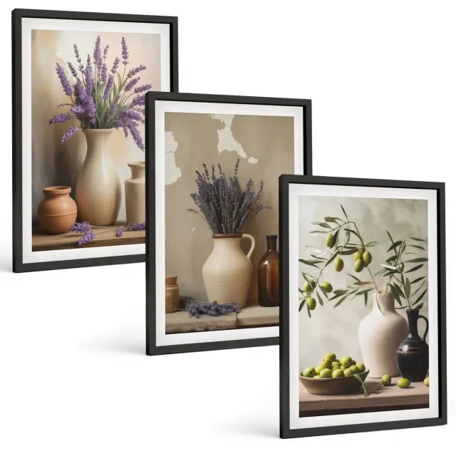 TULUP 4-Delige Schilderij Set - Bloemen in vazen, olijven en natuurlijke decoraties. - 40 x 60 cm - Stijlvolle Muurdecoratie - Slaapkamer - Moderne Wanddecoratie Zwarte lijst