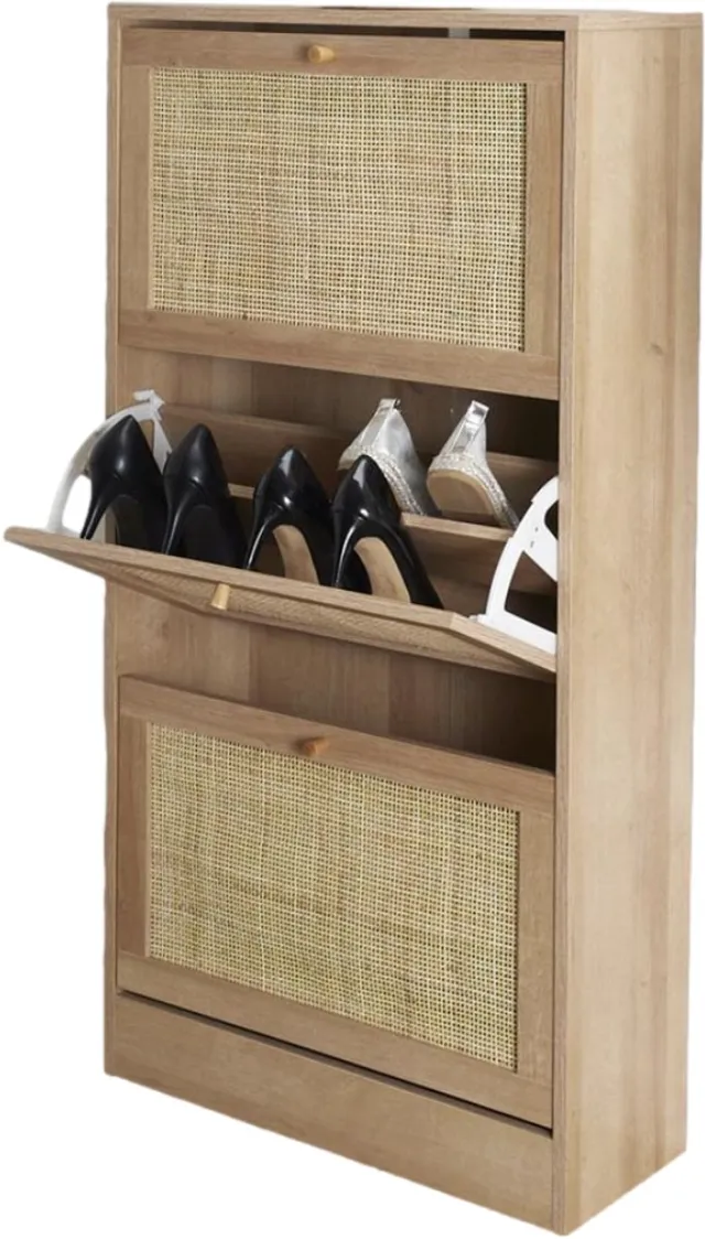MISOU Bali Schoenenkast - met 3 Lades - Schoenen - Opbergsysteem - Rotan - Bruin - Hout - Schoenenrek - Hal organizer - 12 paar