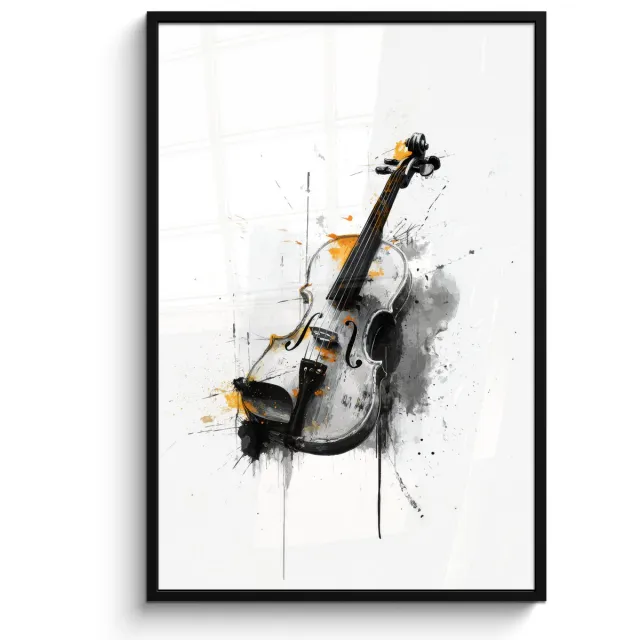FrameYourWall Poster in lijst - Fotolijst 80x120 cm - Posters - Viool - Oranje - Zwart - Penseelstreken - Posterlijst zwart - Decoratie - Wanddecoratie woonkamer - Muurdecoratie slaapkamer