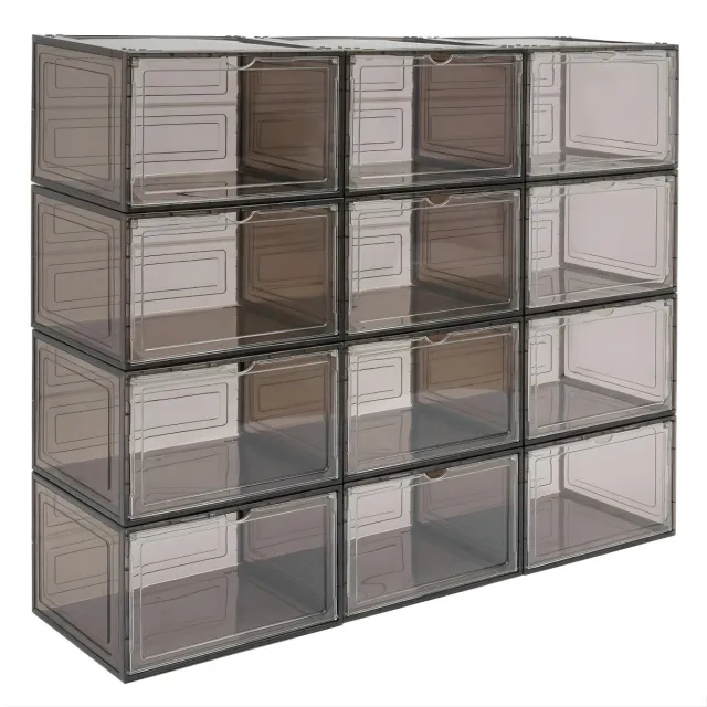 Happiq Schoenopbergboxen Stapelbaar 12 Stuks – Transparante Acryl Schoenencases – Vrijstaand – Met Magnetische Deur – Voor Sneakers en Schoenen – Zwart/Bruin Black / Brown