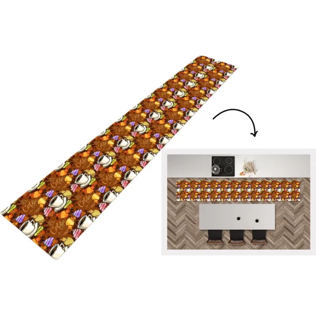KitchenYeah Keukenloper - Loper keuken - Koffie - Croissant - Patronen - Ontbijt - 300x50 cm - Keukenloper vinyl Multicolor
