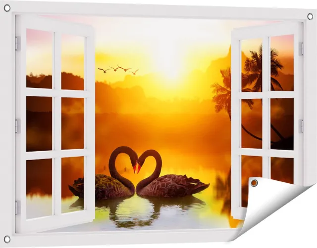 Gards Tuinposter Doorkijk Twee Zwarte Zwanen in een Hart Vorm - 90x60 cm - Tuindoek - Tuindecoratie - Wanddecoratie buiten - Tuinschilderij Wit