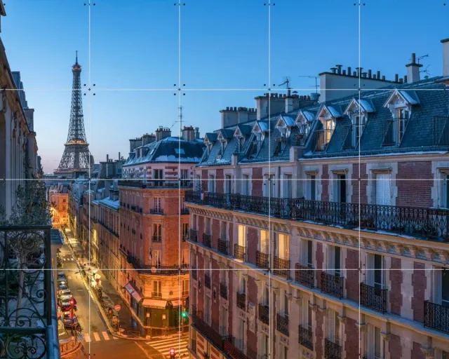 IXXI Balcony with Eiffel Tower view, Paris, France, Jan Becke - 100 x 80 cm - Grote wanddecoratie en posters - Fotografie, Woonkamer, Slaapkamer Blauw