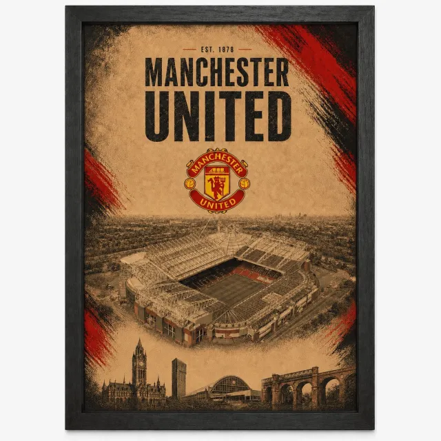 Joshimo Manchester United Poster | Old Trafford Stadion & Skyline | Inclusief Zwarte A4 Lijst | Voetbal Wanddecoratie