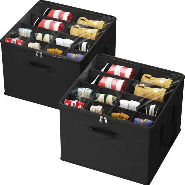 Famanu Schoen organizer set van 2 voor 16 paar, grote schoenenkast met verdelers en deksel, ruimtebesparende schoenendoos met handgrepen, zwart