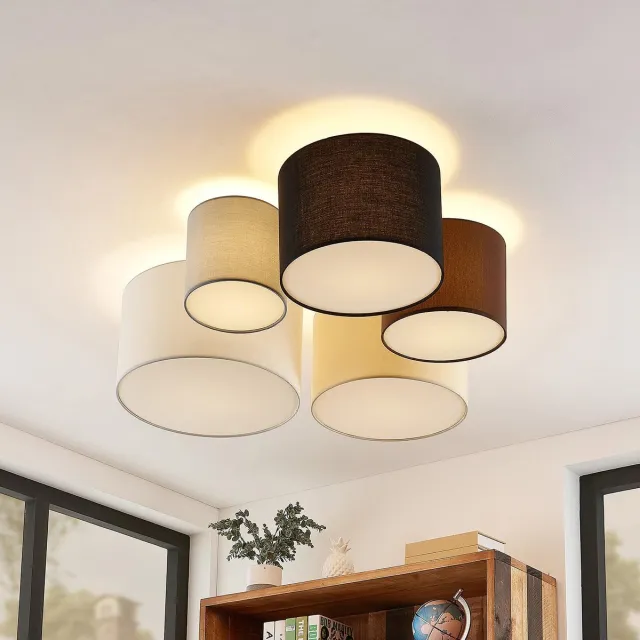Lindby plafondlamp - 5lichts - Stof, metaal - H: 25.5 cm - E27 - grijs, bruin, zwart, beige, wit