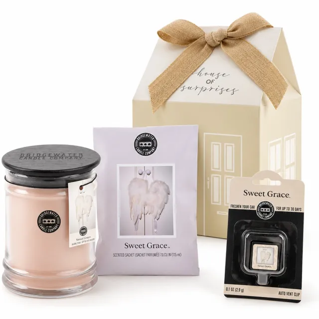 Bridgewater Sweet Grace - Geurkaars - Geurzakje - Autoparfum - Luxe Geschenkverpakking - 3-delige Geurset - Cadeauset Roze