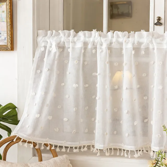 Qelus Boho Cafégordijn - Vitrage met Pompons - 140x46cm - Kort Keukengordijn - kwastjes - dubbele tunnelzoom - lichtdoorlatend - voor keuken - badkamer - Wit - 1 Stuk