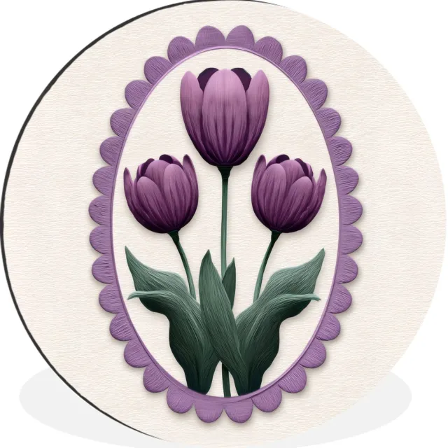 WallCircle Wandcirkel - Muurcirkel - Tulpen - Paars - Lijst - Bladeren - Aluminium - Dibond - 120x120 cm - Binnen en Buiten