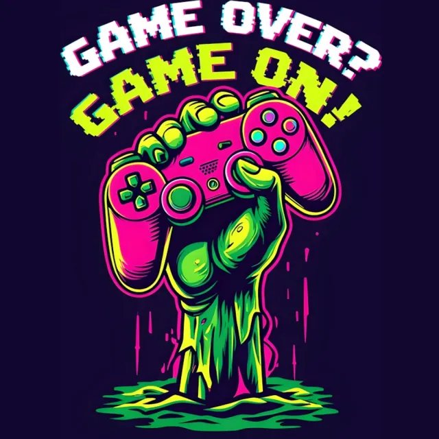 4one6 industries Neon Zombie Hand met Controller Kunstprint - Glanzende A4 Gamer Poster - "Game Over? Game On!" Ontwerp Kleurrijk