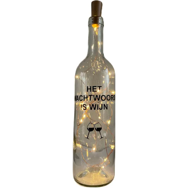 Hip met Pit Creaties Lichtfles "Het Wachtwoord is Wijn" - 20 LED Lampjes - Wijnliefhebber Cadeau - Sfeerverlichting - Grappig Origineel Cadeau - Batterij