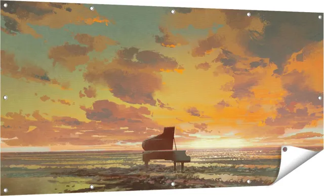 Gards Tuinposter Piano op het Strand bij Zonsondergang - 160x80 cm - Tuindoek - Tuindecoratie - Wanddecoratie buiten - Tuinschilderij Multikleur