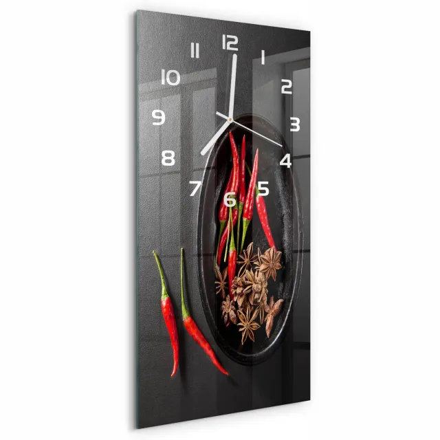 TULUP Wandklok - Chilipepers Wandklok Glas Met Motief - 30x60 cm - Rood Decoratieve Glazen Klok - Witte handen - Rechthoekige Klok - Gekleurde Glazen Klok - Glazen Klok Met Print