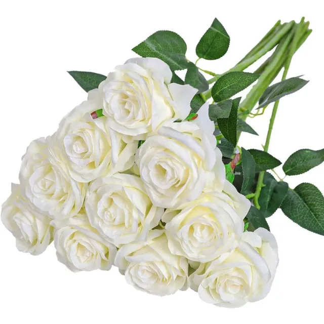 Famanu Kunstbloemen met bladeren en verstelbare steel, 51 x 7 cm, realistisch en zacht, perfect voor bruiloften en woondecoratie (wit