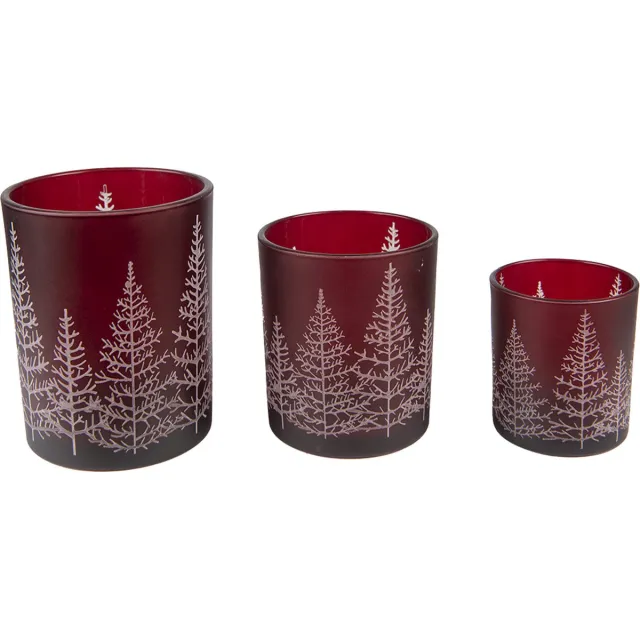 Clayre & Eef Theelichthouder Set van 3 Rood Glas Rond Dennenbomen Waxinelichthouder