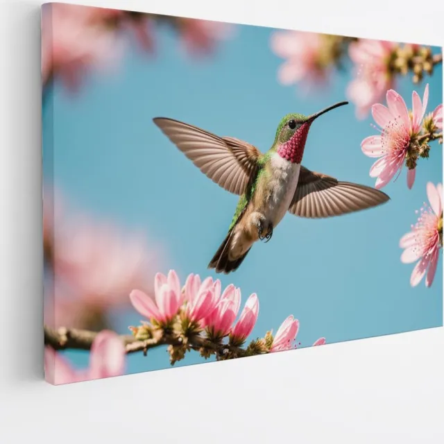 Saammp Canvas Schilderij - Kolibrie vliegt tussen de bloemen - Natuur - Dieren- 70x50 - Foto op canvas - Wanddecoratie - Muurdecoratie Woonkamer - Slaapkamer decoratie - Canvas Print Multicolor