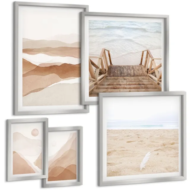 TULUP 4-Delige Schilderij Set - Minimalistische strand- en berglandschappen in natuurlijke tinten. - 50 x 50 cm, 20 x 30 cm en 40 x 60 cm - Muurdecoratie - Wanddecoratie - Slaapkamer - Decoratieve Schilderijen Zilveren lijst