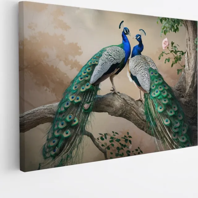 Saammp Canvas Schilderij - 2 Pauwen - Dieren - Natuur - 90x60 - Foto op canvas - Wanddecoratie - muurdecoratie Woonkamer - Slaapkamer decoratie - Canvas Print Multicolor