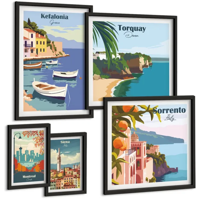 Coloray 5-Delige Schilderij Set - Kustlandschappen Van Europese Toeristische Bestemmingen - 50 x 50 cm, 20 x 30 cm En 40 x 60 cm - Muurdecoratie - Schilderijen Set - Woonkamer - Interieur Decoratie Zwarte lijst