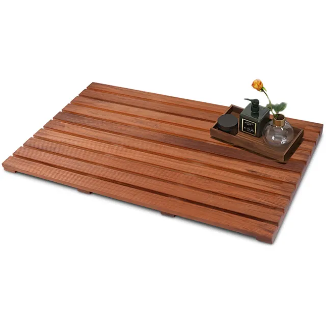 Wishdor Houten badmat - Antislip douchemat met rubberen voetjes - Latten met groeven voor waterafvoer en luchtcirculatie - Voor badkamer sauna zwembad en balkon - Bruin - 80 x 48,5 x 3 cm Teak