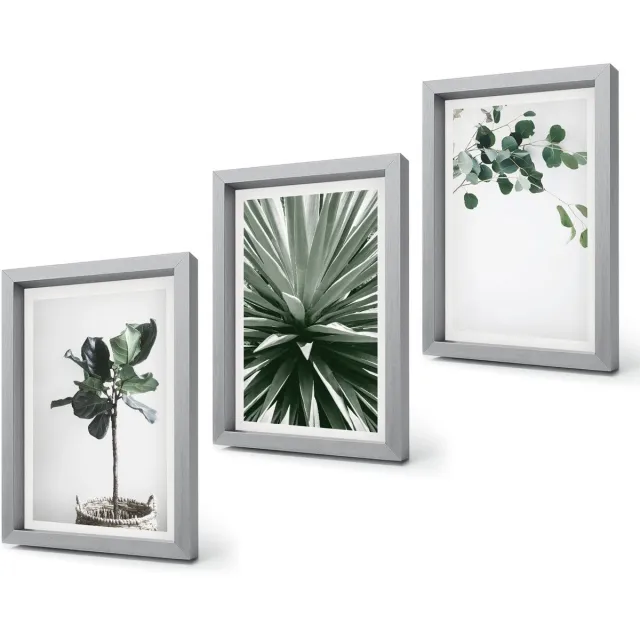 Coloray 4-Delige Schilderij Set - Groene planten in een minimalistische stijl - 20 x 30 cm - Decoratieve Schilderijen - Woonkamer - Interieur - Wanddecoratie Zilveren lijst