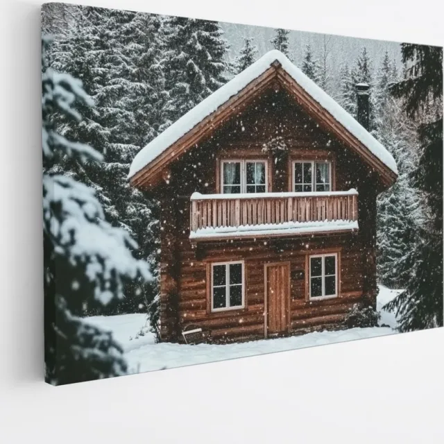 Saammp Canvas Schilderij - Natuur - Huis in de sneeuw - bomen - landschap - 120x80 - Foto op canvas - Wanddecoratie - Muurdecoratie Woonkamer - Slaapkamer decoratie - Canvas Print Multicolor