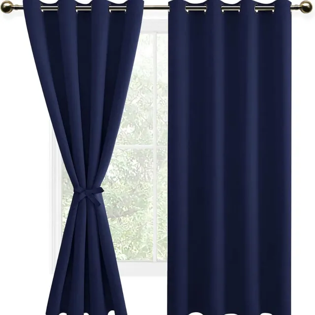 Famanu Set van 2 Verduisterende Gordijnen met Ringen Kant en Klaar -Thermische Gordijnen met Gordijn Tiebacks voor Woonkamer - Keuken - cm (B x H) - Marineblauw