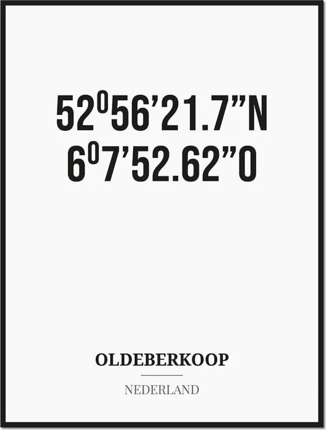 Studio216 Poster/kaart OLDEBERKOOP met coördinaten zwart, wit