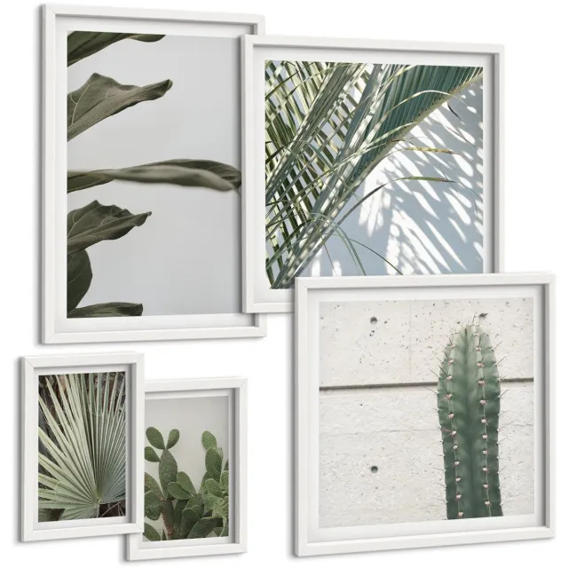 Coloray 5-Delige Schilderij Set - Plantenaccenten In Een Moderne Stijl Met Groene Details - 50 x 50 cm, 20 x 30 cm En 40 x 60 cm - Wanddecoratie - Muurdecoratie - Moderne Interieurdecoratie Witte lijst